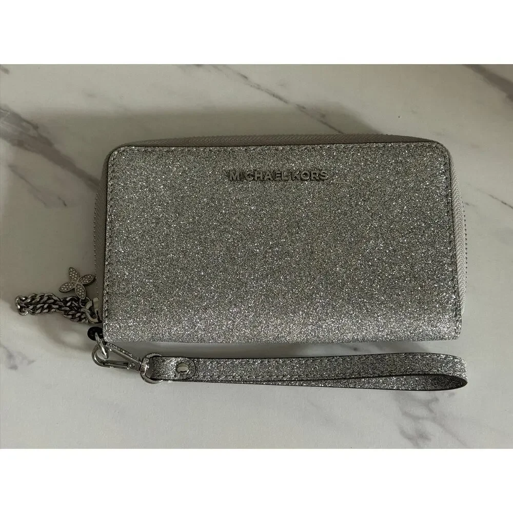 Michael Kors Silver Glitter Zip Around Wristlet Wallet Flower Charm NWOT